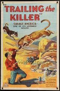 2k904 TRAILING THE KILLER style B 1sh 1932 stone litho of dog saving man from mountain lion!