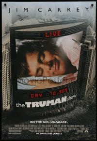 2k916 TRUMAN SHOW advance DS 1sh 1998 cool image of Jim Carrey on large screen, Peter Weir!