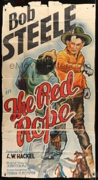2p017 RED ROPE 3sh 1937 great full-length art of cowboy Bob Steele punching bad guy, rare!