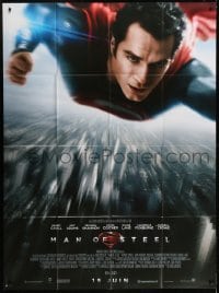 2p891 MAN OF STEEL advance French 1p 2013 Henry Cavill in costume as Superman flying over city!