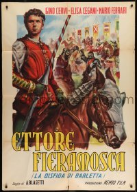 2p514 ETTORE FIERAMOSCA Italian 1p R1950 great art of Gino Servi with lance on armored horse!
