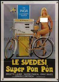 2p529 HIGH TEST GIRLS Italian 1p 1981 sexy naked blonde filling up her bicycle at gas pump!