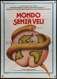 2p570 MONDO SENZA VELI Italian 1p 1985 art of snake wrapped around map on naked person, rare!