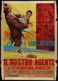 2p579 OUR MAN IN CASABLANCA Italian 1p 1966 art of Lang Jeffries fighting bad guy + sexy girl!
