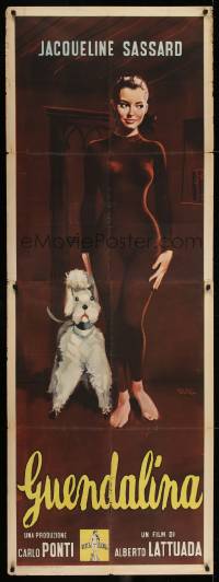 2p430 GUENDALINA Italian 28x76 1957 art of sexy Jacqueline Sassard w/dog by Giuliano Nistri, rare!