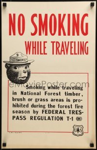 2p062 NO SMOKING WHILE TRAVELING 14x22 special poster 1955 public announcement by Smokey the Bear!