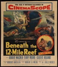 2p242 BENEATH THE 12-MILE REEF WC 1953 cool art of scuba divers fighting octopus & shark!