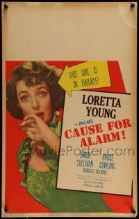 2p260 CAUSE FOR ALARM WC 1950 great huge close up image of pretty Loretta Young in peril!