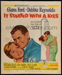2p321 IT STARTED WITH A KISS WC 1959 Glenn Ford & Debbie Reynolds kissing in shower in Spain!