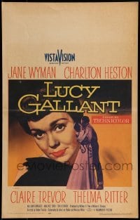 2p340 LUCY GALLANT WC 1955 art of Jane Wyman, plus full-length kissing Charlton Heston!