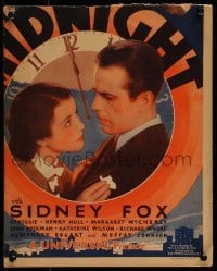 2p350 MIDNIGHT WC 1934 great close up of Sidney Fox & Humphrey Bogart in deco clock artwork!