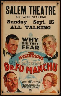 2p361 MYSTERIOUS DR FU MANCHU WC 1929 art of Warner Oland, Neil Hamilton & Jean Arthur, rare!