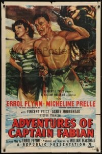 2r026 ADVENTURES OF CAPTAIN FABIAN 1sh 1951 art of barechested Errol Flynn & sexy Micheline Presle!