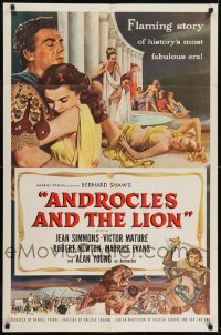 2r058 ANDROCLES & THE LION 1sh 1952 artwork of Victor Mature holding Jean Simmons!
