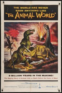 2r062 ANIMAL WORLD 1sh 1956 great artwork of prehistoric dinosaurs & erupting volcano!