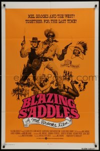 2r140 BLAZING SADDLES int'l 1sh 1974 Mel Brooks western, different cast montage on orange background