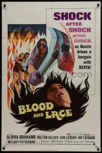 2r142 BLOOD & LACE 1sh 1971 AIP, gruesome horror image of wacky cultist w/bloody hammer!