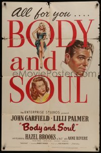 2r150 BODY & SOUL 1sh 1947 boxing, John Garfield, art of Lilli Palmer & sexy Hazel Brooks!