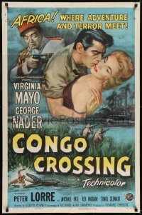 2r242 CONGO CROSSING 1sh 1956 art of Peter Lorre pointing gun at Virginia Mayo & George Nader