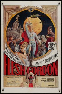 2r393 FLESH GORDON 1sh 1974 sexy sci-fi spoof, wacky erotic super hero art by George Barr!