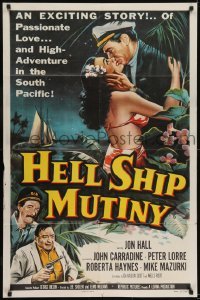 2r491 HELL SHIP MUTINY 1sh 1957 Jon Hall kisses tropical bikini babe, John Carradine, Peter Lorre