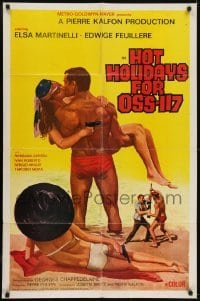 2r522 HOT HOLIDAYS FOR OSS-117 1sh 1970 art of man carrying sexy spy on the beach!