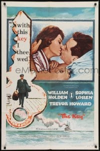 2r569 KEY 1sh 1958 Carol Reed, close up kiss art of William Holden & sexy Sophia Loren!
