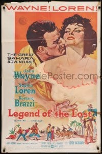 2r603 LEGEND OF THE LOST 1sh 1957 romantic art of John Wayne tangling with sexiest Sophia Loren!