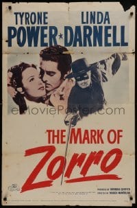 2r647 MARK OF ZORRO 1sh R1958 masked hero Tyrone Power in costume & with young Linda Darnell!