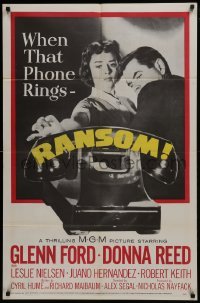 2r762 RANSOM 1sh 1956 great image of Glenn Ford & Donna Reed waiting for call from kidnapper!
