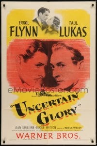 2r945 UNCERTAIN GLORY 1sh 1944 art of French Errol Flynn face-to-face with Nazi Paul Lukas!