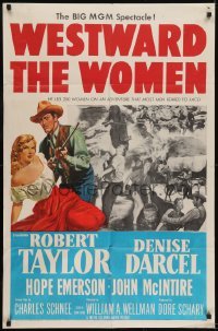 2r965 WESTWARD THE WOMEN 1sh 1951 art of Robert Taylor & sexy mail-order bride Denise Darcel!