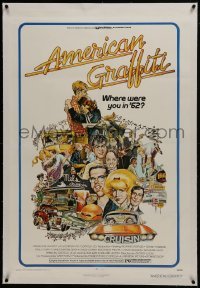 2s158 AMERICAN GRAFFITI linen 1sh 1973 George Lucas teen classic, Mort Drucker montage art of cast!