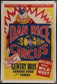 2s018 DAN RICE 3 RING CIRCUS linen 28x42 circus poster 1937 great art of clown and Dan Rice!