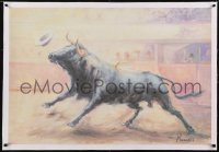 2s031 UNKNOWN ART PRINT linen 26x38 commercial poster 1960s Renau art of bull running in arena!