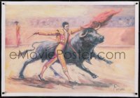 2s032 UNKNOWN ART PRINT linen 26x38 commercial poster 1960s Renau art of matador fighting bull!