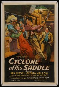 2s193 CYCLONE OF THE SADDLE linen 1sh 1935 stone litho art of Rex Lease saving girl from Indian!