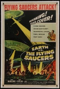 2s209 EARTH VS. THE FLYING SAUCERS linen 1sh 1956 sci-fi classic, art of UFOs & aliens invading!