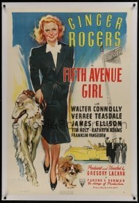 2s220 FIFTH AVENUE GIRL linen 1sh 1939 great Froelich art of beautiful Ginger Rogers with dogs!
