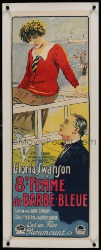 2s070 BLUEBEARD'S 8th WIFE linen French 13x36 1924 Tamagno art of Gloria Swanson by the ocean, rare!
