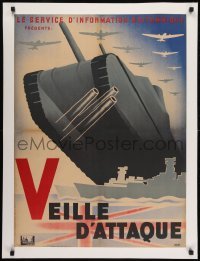2s067 VEILLE D'ATTAQUE linen French 23x31 1945 great Finel WWII art, English liberation newsreel!