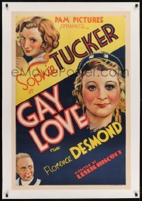 2s227 GAY LOVE linen 1sh 1934 great stone litho of Sophie Tucker, The Last of the Red Hot Mamas!
