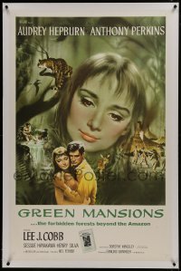 2s237 GREEN MANSIONS linen int'l 1sh 1959 art of Audrey Hepburn & Anthony Perkins by Joseph Smith!