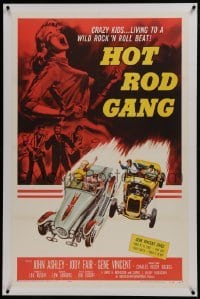 2s243 HOT ROD GANG linen 1sh 1958 fast cars, crazy kids, art of teens in dragsters & dancing girl!