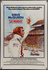 2s269 LE MANS linen 1sh 1971 Tom Jung artwork of race car driver Steve McQueen waving at fans!