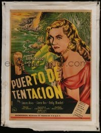 2s040 PUERTO DE TENTACION linen Mexican poster 1951 Juan Antonio Vargas Ocampo art of chained woman!