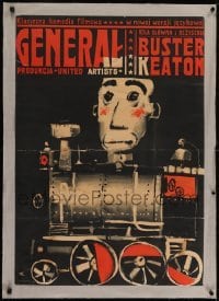 2s074 GENERAL linen Polish 23x33 R1964 different Swierzy art of Buster Keaton on train, very rare!