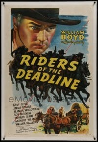 2s335 RIDERS OF THE DEADLINE linen 1sh 1943 art of William Boyd as Hopalong Cassidy, Bob Mitchum!