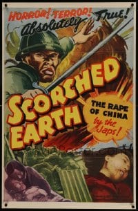 2s348 SCORCHED EARTH linen 1sh 1942 horror, terror, true atrocities of the Japanese in China, rare!
