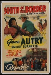 2s360 SOUTH OF THE BORDER linen 1sh 1939 great art of cowboy Gene Autry punching bad guy!
